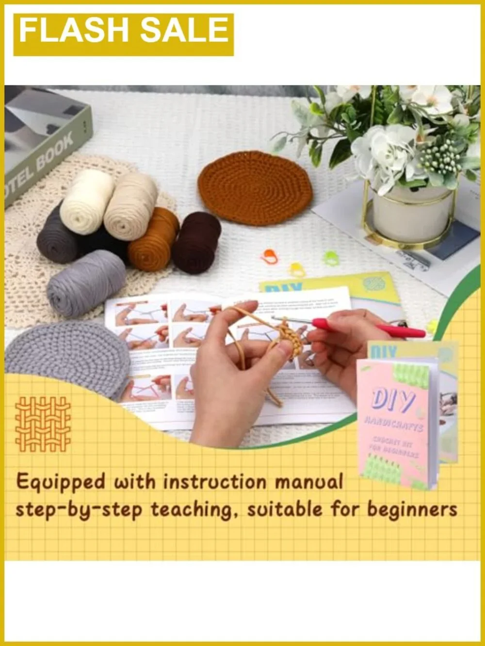 Beginner Crochet Kit for Adults Coaster Crochet Set 8 PCS Yarn Hook